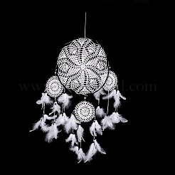Rete/ragnatela intrecciata in cotone rotondo fatta a mano con decorazione da appendere alla parete con piume&nbsp;HJEW-G015-06B