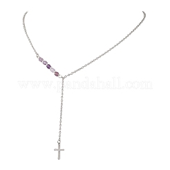Collar con colgante de cruz con borlas y cadena de cable de acero inoxidable 304 con cuentas de cubo facetadas de piedra mixta natural y sintética&nbsp;NJEW-JN05845