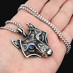 Colliers pendentifs tête de loup viking en acier inoxydable 304 et strass&nbsp;FS-WGCFA8E-01