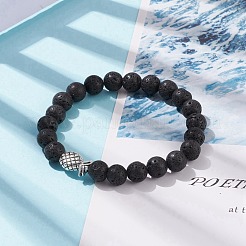 Bracciale elasticizzato in pietra lavica naturale con perline rotonde e ananas in lega&nbsp;BJEW-JB08299