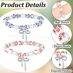 Bracelet extensible en porcelaine imprimée bicolore et perles de verre pour femme (2 pièce).&nbsp;BJEW-PA0001-11