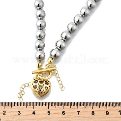 Halsketten mit runden Perlen und Herzanhänger aus Messing mit Mikropflaster und klarem Zirkonia für Damen&nbsp;NJEW-D314-07PG