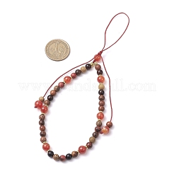 Chaînes de dragonne pour téléphone en perles rondes en agate naturelle teintée et en bois&nbsp;HJEW-JM03365-02