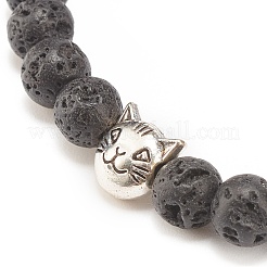 Bracciale elasticizzato in roccia lavica naturale con perline di gatto in lega&nbsp;BJEW-JB08309-01