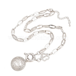 Collar colgante redondo plano hueco de latón con micro circonitas cúbicas transparentes y corazón para el Día de la Madre.&nbsp;NJEW-A071-05P