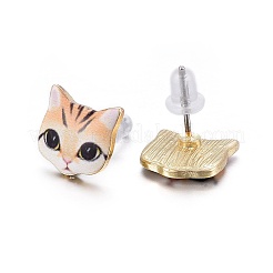 Aretes de gatito de aleación chapados en oro real de 14k&nbsp;EJEW-G148-01G-09