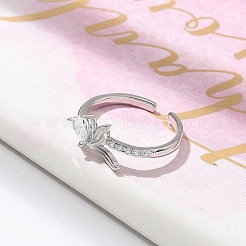 Anelli polsino a spina di pesce con cuore in zirconia cubica trasparente&nbsp;RJEW-G337-04P