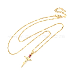 Religion Messing Pflaster tief rosa Zirkonia Jesus Kreuz Anhänger Halsketten&nbsp;NJEW-L184-01G