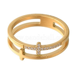 Ionenplattierung (IP) 304 Edelstahl Micro Pave klare Zirkonia Kreuz Fingerringe für Frauen&nbsp;RJEW-B066-09G