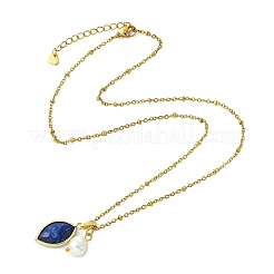 Halskette mit facettiertem Pferdeaugenanhänger aus natürlichem Lapislazuli und Naturperle an einer Satellitenkette aus Edelstahl 304 für Damen&nbsp;NJEW-JN06057-01
