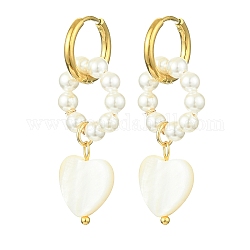 Orecchini a cerchio pendenti con perle naturali e cuori di conchiglia, orecchini pendenti in lega dorata, bianco, 40x12~12.5mm