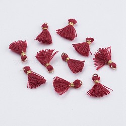 Décorations avec pendentif en nylon, mini pompon, avec les accessoires en fer de ton or, rouge, 10.5~14.5x2.5~3mm, Trou: 2mm