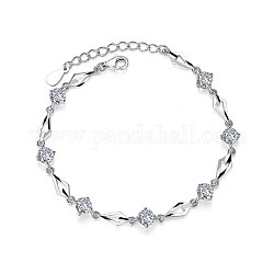 Rhombus und flaches rundes Zirkonia-Gliederkettenarmband für Teenager-Mädchen-Frauen, 925 Sterling Silber Armband, Transparent, Platin Farbe