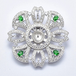 925 Sterling Silver Cubic Zirconia Brooch Findings, For Half Drilled Beads, Flower, Platinum, 39x7mm, Tray: 7mm, Pin: 0.9mm