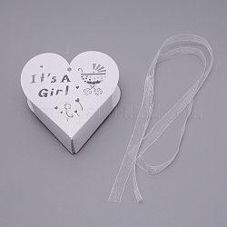 Papierbonbonschachteln, mit Band, Backschachtel, Babyparty-Geschenkbox, Herz, weiß, 9.5x9.5x3 cm