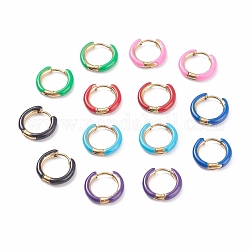 Two Tone 304 Stainless Steel Chunky Huggie Hoop Earrings with Enamel for Women, Golden, Mixed Color, 10 Gauge, 15~16x2.5mm, Pin: 1mm