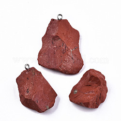 Natürliche rote Jaspis Anhänger, rauer roher Stein, mit 304 Edelstahlschlaufen, Nuggets, Edelstahl Farbe, 26~45x23~36x7~14 mm, Bohrung: 2 mm