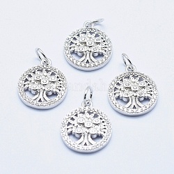 Brass Micro Pave Cubic Zirconia Charms, Long-Lasting Plated, Lead Free & Nickel Free & Cadmium Free, Flat Round with Tree, Real Platinum Plated, 14.5x12x2.5mm, Hole: 3mm