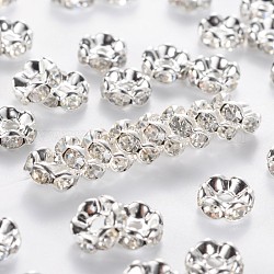 Brass Rhinestone Spacer Beads, Nickel Free, Rondelle, Grade A, Platinum Color, Clear, 7x3.2mm