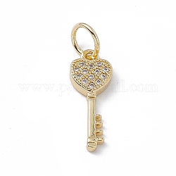 Rack Plating Brass Micro Pave Cubic Zirconia Pendants, Cadmium Free & Lead Free, Long-Lasting Plated, with Jump Ring, Heart Key Charm, Real 18K Gold Plated, 19x7x2.5mm, Hole: 2.5mm