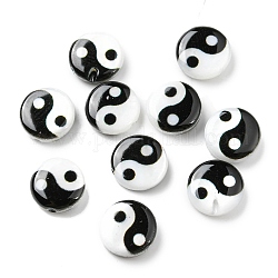 Perline di conchiglie d'acqua dolce naturali stampate, perline rotonde piatte yin yang, nero, 8x2.5~3mm, Foro: 0.8 mm