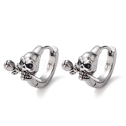 316 Stainless Steel Skull with Rose Hoop Earrings for Men Women, Antique Silver, 13x13.5x17mm, Pin: 0.9mm