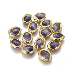 Perle di ametista naturale, con i risultati in ottone placcato oro, ovale, 17~20x12~14x5~6mm, Foro: 0.8 mm