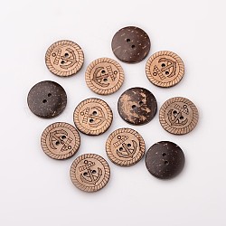 Boutons de noix de coco avec 2-trou, plat rond, brun coco, 20x3mm, Trou: 2mm