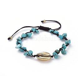 Bracelets de perles tressées en turquoise synthétique (teintes) à puce réglable, avec des perles de cauris galvanisées, perles en laiton plaqué or et fil de nylon, 5.4~8.8 cm