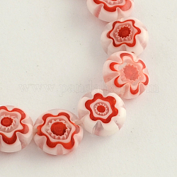 Handmade Millefiori Glass Bead Strands, Flat Round, Red, 10x4mm, Hole: 1.2mm, about 40pcs/strand, 14.9 inch