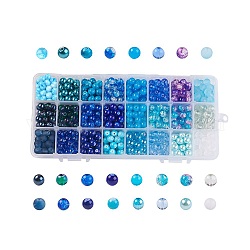 Pandahall Elite 24 couleur imitation perle & craquelé & perles de verre transparentes & opaques, ronde, dégradé de couleur, bleu, 8~8.5mm, Trou: 1.3~1.6mm, à propos 30pcs / couleur, 720 pcs / boîte