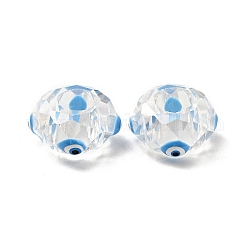 Abalorios europeos de cristal transparente, Abalorios de grande agujero, con esmalte, facetados, rondelle con patrón de mal de ojo, cielo azul profundo, 14x8mm, agujero: 6 mm