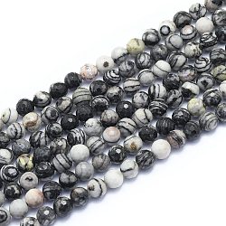Natürliche schwarze Seide Stein / Netstone Perlen Stränge, Runde, facettiert (128 Facetten), 6 mm, Bohrung: 0.8 mm, ca. 64 Stk. / Strang, 15.35 Zoll (39 cm)
