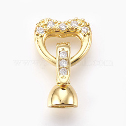 Brass Micro Pave Cubic Zirconia Fold Over Clasps, Heart, Clear, Real 18K Gold Plated, 18mm, Inner: 4mm