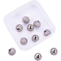 NBeads Rack Plating Messing Zirkonia Perlen, langlebig plattiert, Runde, Platin Farbe, 9.5~10x9~9.5 mm, Bohrung: 2 mm, 10 Stück / Karton