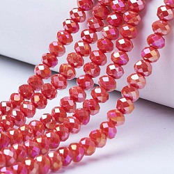Electroplate Glass Beads Strands, Opaque Solid Color, AB Color Plated, Faceted, Rondelle, Red, 4x3mm, Hole: 0.4mm, about 130pcs/strand, 16.54 inch(42cm)