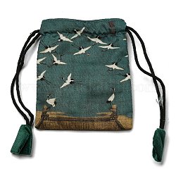 Sacchetti regalo con coulisse per gioielli in stoffa in stile cinese rettangolare per orecchini, braccialetti, confezione di collane, modello di gru, verde acqua, 12x10cm
