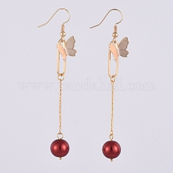 Dangle Earrings, with Glass Pearl Round Beads, Iron Bar Links, Brass Pendant and Earring Hooks, Butterfly & Oval, Red, 81mm, Pin: 0.7mm