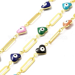 Handmade Eco-friendly Brass Enamel Heart with Evil Eye Link Chain, Real 18K Gold Plated, Lead Free & Cadmium Free, Soldered, with Spool, Colorful, 14.5x7x4mm