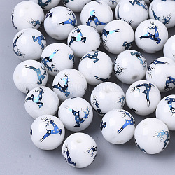 Perles de verre opaque de Noël, rond avec motif de renne / cerf de Noël élan galvanoplastie, bleu plaqué, 10mm, Trou: 1.2mm