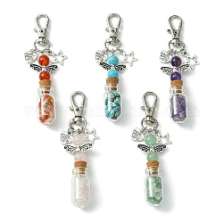 Glass Wishing Bottle with Synthetic & Natural Bead Chip inside Pendant Decorations, Star & Heart Tibetan Style Alloy and Swivel Lobster Claw Clasps Charm, 86mm, Pendants: 58x21.5x13mm, 5pcs/set
