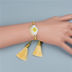 Braccialetto di perline intrecciate di semi di vetro con doppia nappa, braccialetto fortunato per la protezione del malocchio per le donne, giallo, 11 pollice (28 cm)