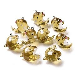 Marine Series Transparent Resin Pendants, Dolphin Charm, with Platinum Plated Iron Findings, Goldenrod, 21x16.5x24mm, Hole: 2mm