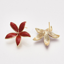 Accessoires de puces d'oreilles émaillés en laiton, avec boucle, véritable 18k plaqué or, sans nickel, fleur, rouge, 22.5x24mm, Trou: 1.2mm, pin: 0.8 mm