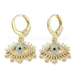 Real 18K Gold Plated Brass Dangle Leverback Earrings, with Cubic Zirconia, Evil Eye, Colorful, 29x17mm