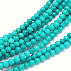 Brins de perles rondes en magnésite naturelle, teints et chauffée, turquoise moyen, 4mm, Trou: 1mm, Environ 101 pcs/chapelet, 15.55 pouce