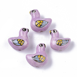 Handmade Porcelain Beads, Famille Rose Style, Bird, Plum, 17~19x17~19x11mm, Hole: 1.6~2mm