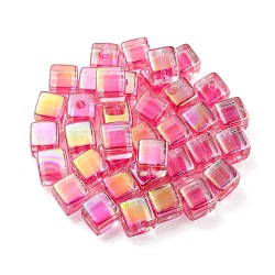 Placcatura uv perline europee acriliche trasparenti, perline con foro grande, cubo, rosa intenso, 13.5x13.5x13.5mm, Foro: 4 mm