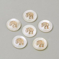 Cabochons en coquille d'eau douce, avec les accessoires en fer, plat et circulaire avec éléphant, couleur de coquillage, 16x3~4mm