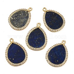 Natural Lapis Lazuli Pendants, Teardrop Charms with Rack Plating Gloden Tone Brass Micro Pave Clear Cubic Zirconia Findings, 20.5x15x2mm, Hole: 1mm
